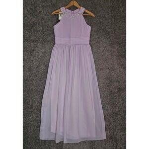 iEFiEL Lavender Chiffon Pleated Maxi Dress Sequin Halter Neck Formal Size 14